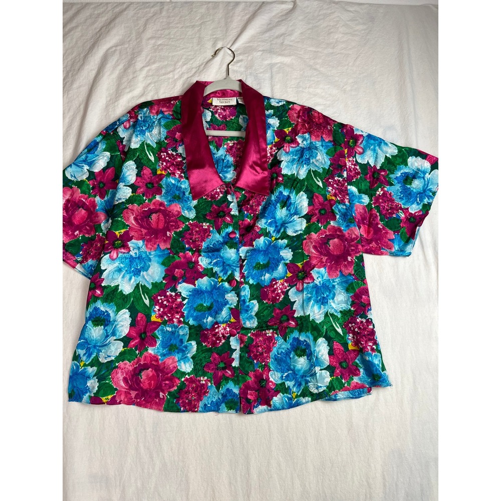 Vintage Victorias Secret Gold Label Floral Satin Pajama Top‎ Pink Blue Large